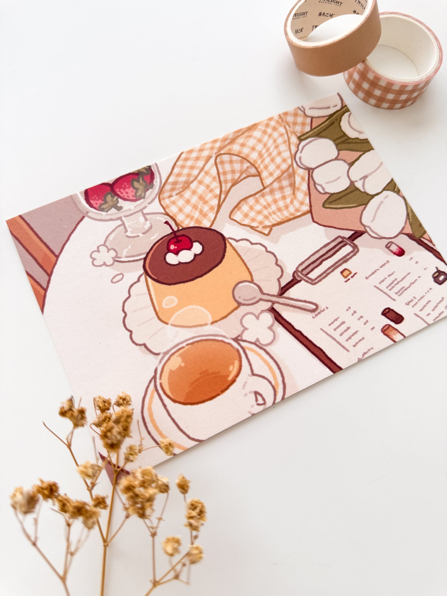 Purin, Tea & Tulips Cafe Table Postcard Style Art Print
