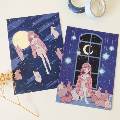 Moon Bunny Postcard Style Art Print Set