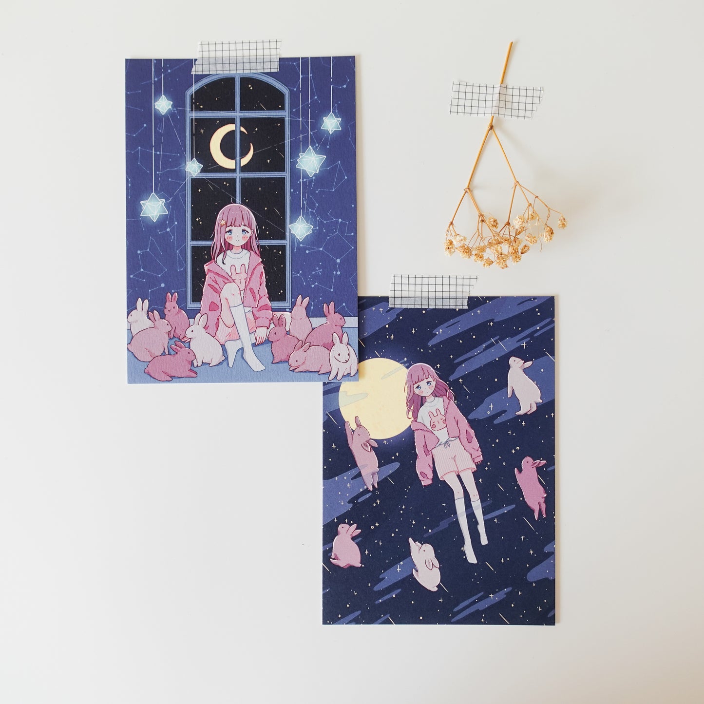 Moon Bunny Postcard Style Art Print Set