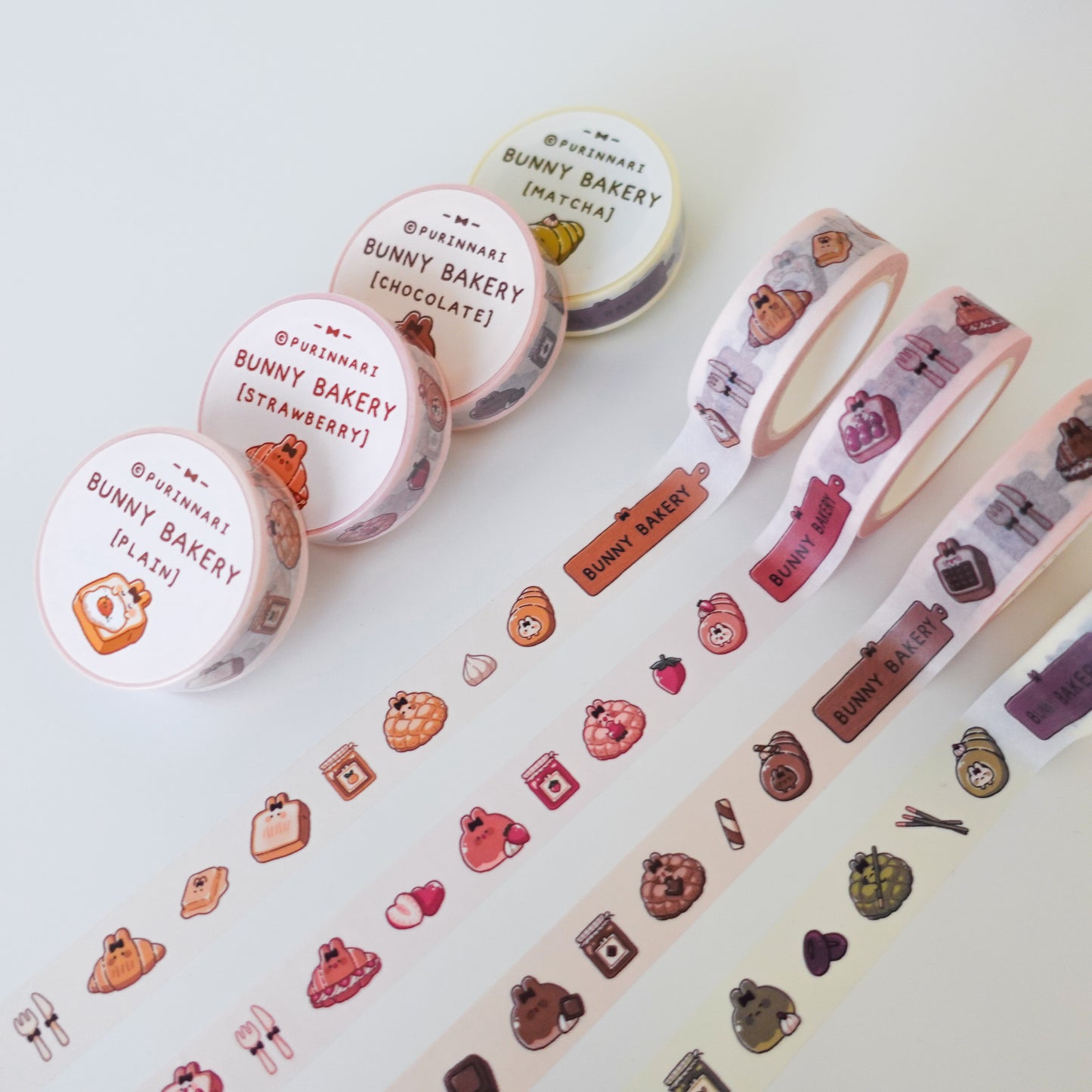 Bunny Bakery Washi Masking Tape ⋮ Plain Bread / Strawberry Bread / Chocolate Bread / Matcha Bread