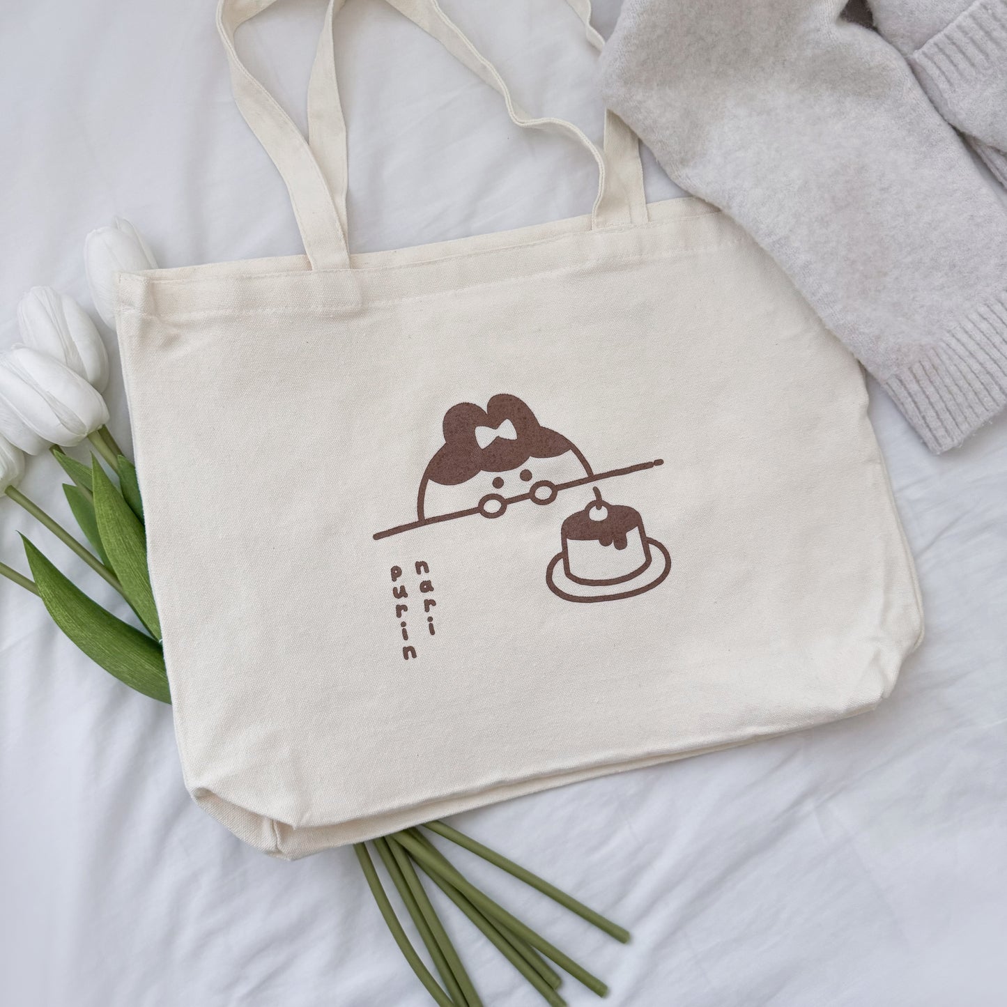 Puririn Tote Bag ⋮ Large Canvas Shopper Bag with Pocket