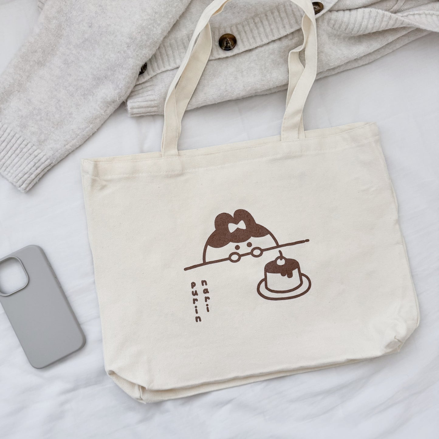 Puririn Tote Bag ⋮ Large Canvas Shopper Bag with Pocket