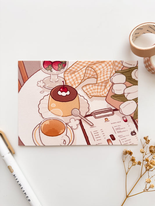 Purin, Tea & Tulips Cafe Table Postcard Style Art Print